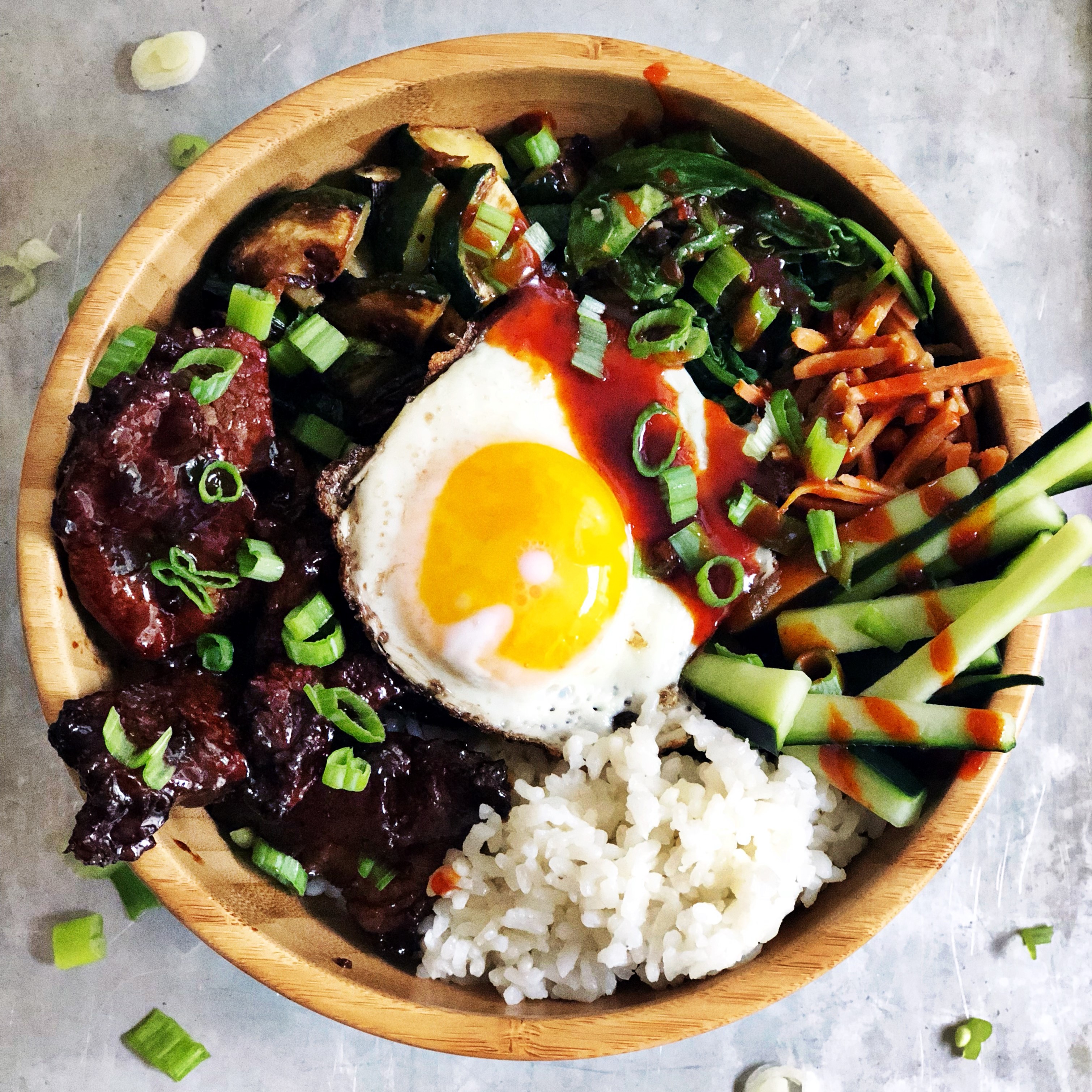 BIBIMBAP: moto-i twist on a korean style rice bowl. bbq pork